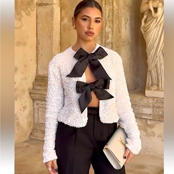 New H&M Sequined Bow-front Jacket - Picture 1 of 11